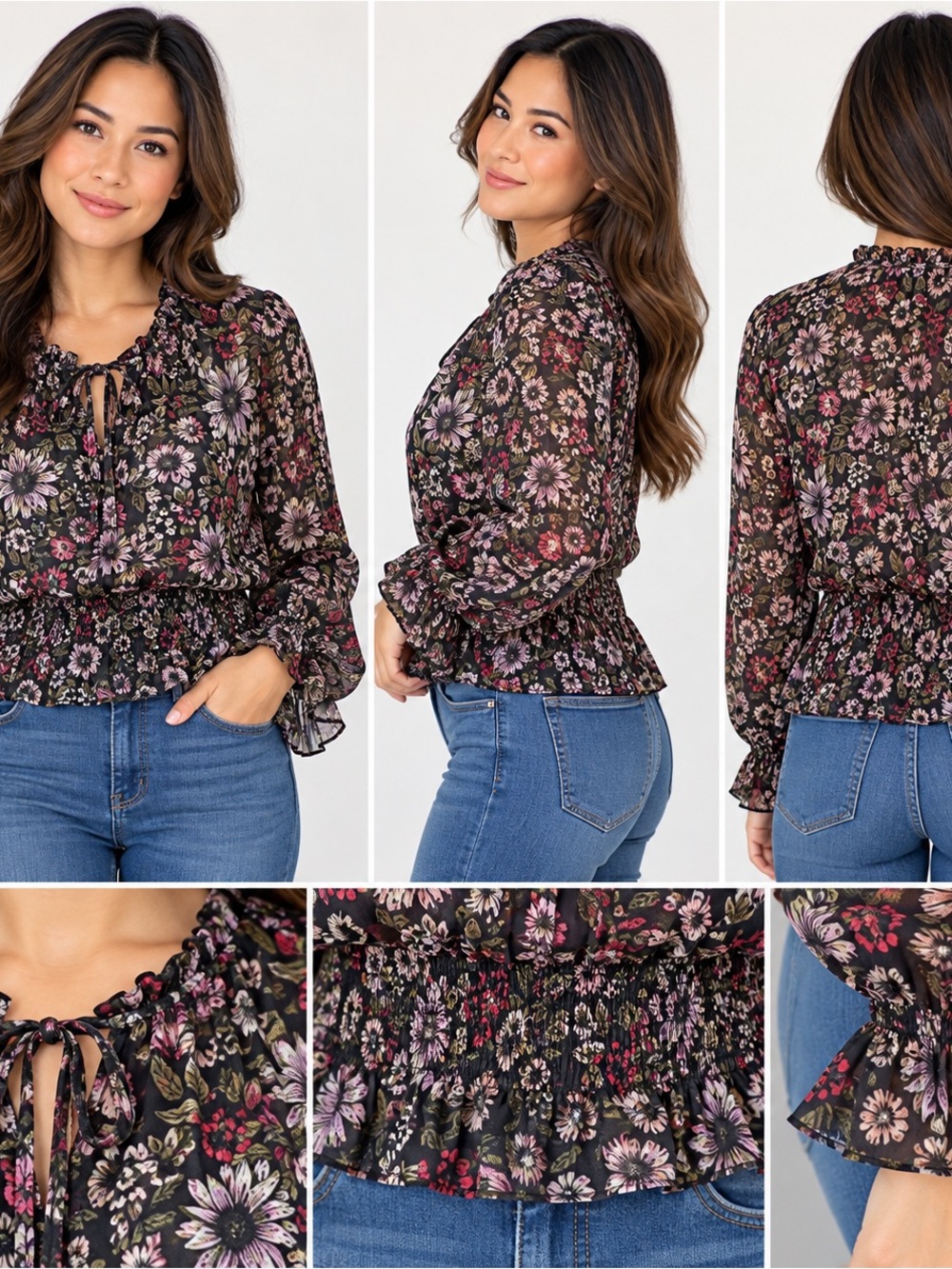 Melanie Lyne Women’s Floral Peplum Blouse Black Purple Long Sleeve Size 18